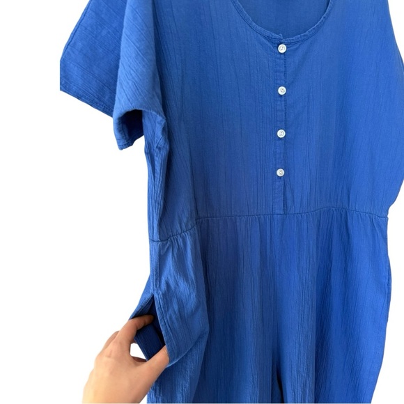 Vtg 90s Button Front Belted Jumpsuit Sz 16 18 Royal Blue Capri Crop Short Sleeve - Picture 3 of 9